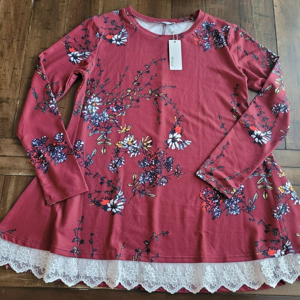 Wekili Floral Burgundy Long Sleeve Tunic With Lace Hem size M - Picture 1 of 5